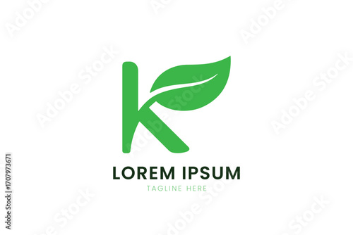 Minimalist green letter k logo with leaf symbol nature eco friendly branding