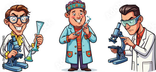 Cartoon scientists in lab coats using microscopes and test tubes, fun science illustration for education, experiment, research, or comic design