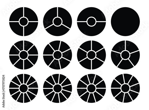 Collection of abstract circular geometric patterns with radiating lines and segments representing different divisions and stages of development or complexity in a clean black and white graphic design