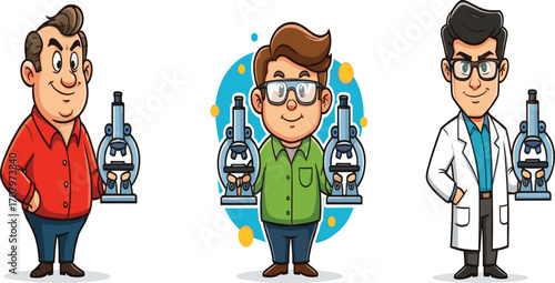 Cartoon scientists and researchers with microscopes in different outfits, science character illustration for education, laboratory, research, comic, or design