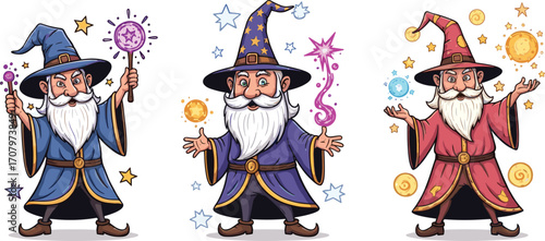 Cartoon wizard characters in magical costumes with wands, stars, and glowing orbs, fantasy illustration for game, book, or design