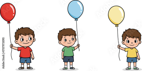 Cute cartoon boys holding colorful balloons, red blue yellow balloons, happy children, playful kids, smiling kids with balloons, joyful kids.