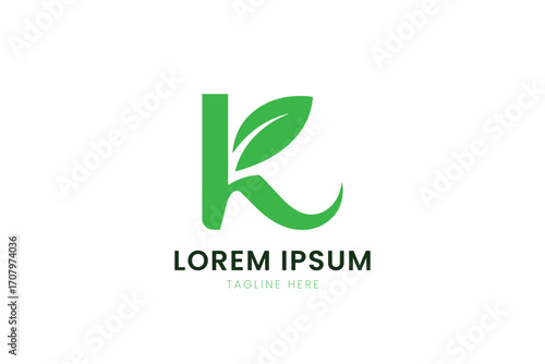 Minimalist green letter k logo with leaf design for nature and eco-friendly brands