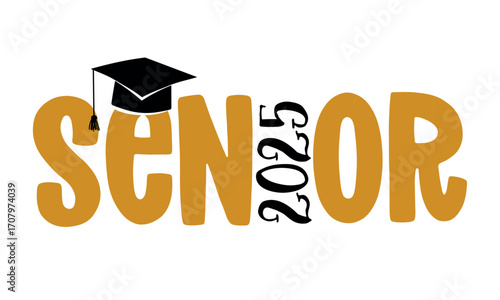 Bold “Class of 2025” headline with mortarboard and tassel in gold and black. High-impact graduation design for apparel, invites, posters, and banners.