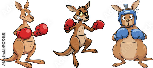 Funny cartoon kangaroos wearing boxing gloves, fighting pose characters, sports animal illustration, competitive boxing kangaroo vector clipart design