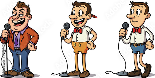 Funny cartoon singers with retro outfits holding microphones, performing on stage, ideal for comedy, entertainment, music, and character illustrations