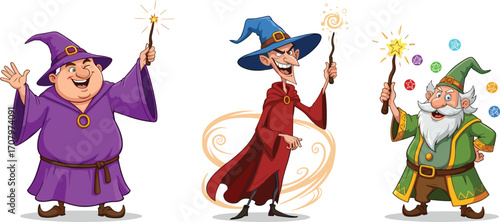 Funny cartoon wizards with magic wands, fantasy characters illustration, magical costume design, enchanted spell casting, fairy tale artwork vector drawing