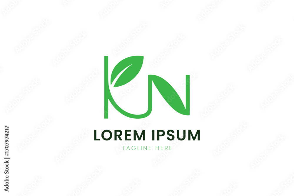 Fototapeta premium Minimalist green logo featuring letters k and n with leaf elements and placeholder text
