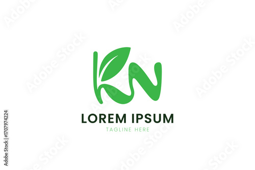 Modern minimalist green leaf logo design featuring abstract letters kn and placeholder text