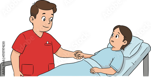 Male nurse comforting anxious patient in hospital bed, emotional support, healthcare worker showing empathy, medical care illustration, cartoon concept.