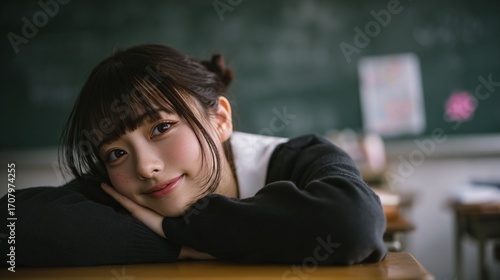 Japanese  portrait of a beautiful asian student girl resting at her desk in the classroom