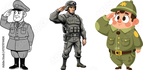 Three cartoon soldiers saluting, vintage officer, modern army soldier, cute military character, different styles, patriotic gesture, uniformed men standing