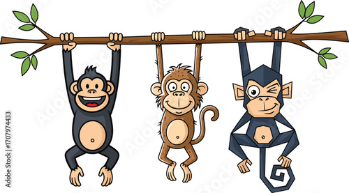 Three cute cartoon monkeys hanging from a tree branch, playful and happy expressions, diverse monkey styles, fun jungle animal illustration