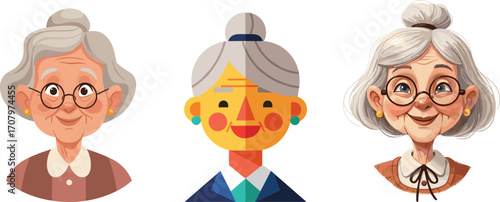 Three elderly women portraits, diverse grandmother illustrations, senior women with glasses and gray hair, cute cartoon grandmothers, happy old ladies.