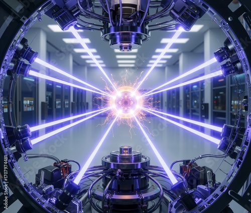 futuristic particle accelerator or fusion reactor. Powerful laser beams converge to create a brilliant core, symbolizing cutting-edge research in physics and the future of clean energy.