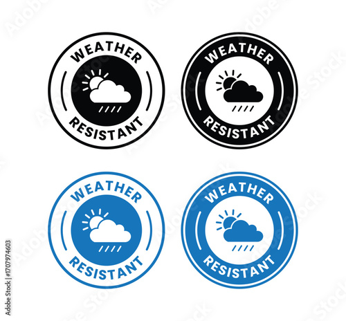 Weather resistant badge vector for product. Weather resistant stamps. Weather protection, liquid proof protection. circular with water drop. Anti wetting material, surface protection.