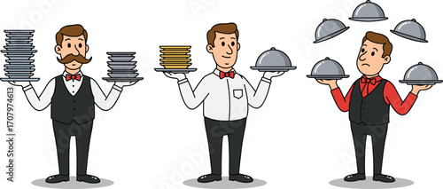 Waiters holding plates and cloches, restaurant staff, professional waiters, serving food, catering service, waiter juggling plates, food presentation.