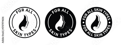 Three oval badges or seals with the text for all skin types and a silhouette profile of a human face symbolizing skincare and beauty products suitable for everyone
