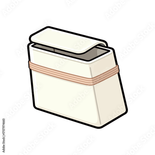 Isolated cartoon illustration of a white storage box with a lid and rubber bands, designed for organizing household items.