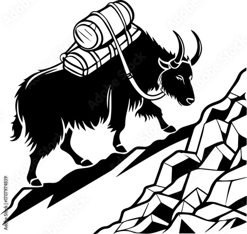 Yak Climbing Mountain – Black and White