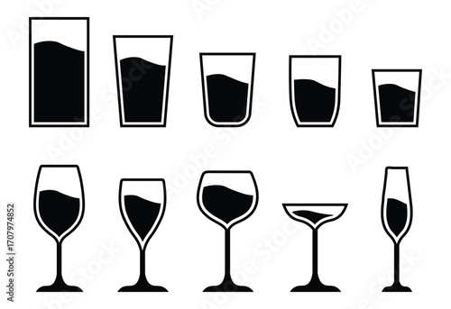 Water glass cup line icon. Glassware and Drinkware icons of beer, wine, alcohol, brandy, martini, champagne, milk, Cocktail, glasses royalty, Vector illustration isolated on transparent background