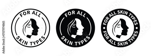 For all skin types label icon set. Face beauty women skin care packaging label for cream, toner, moisturizer, facial mask, lotion, logo, badge, symbol, black, line vector