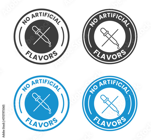 No artificial Flavors, color, preservatives, sweeteners icons set, label, logo, badge, sticker, emblem, stamp, symbol, circle, black, flat vector, isolated illustration. 