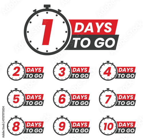 Countdown of days 1,2,3,4,5,6,7,8,9,10. The days left badges. A countdown is going on, one day I left a badge and a label to calculate the date of work. Offer timer, sticker limited to a few days.