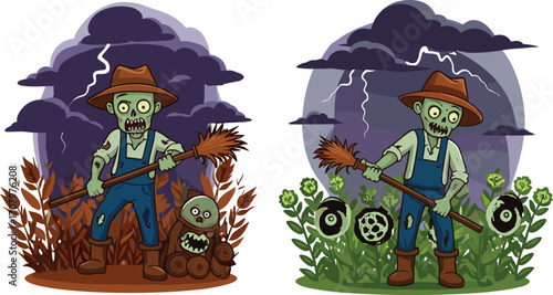 Two zombie farmers holding brooms in stormy fields with lightning, dark clouds, creepy undead characters, spooky Halloween garden cartoon illustration