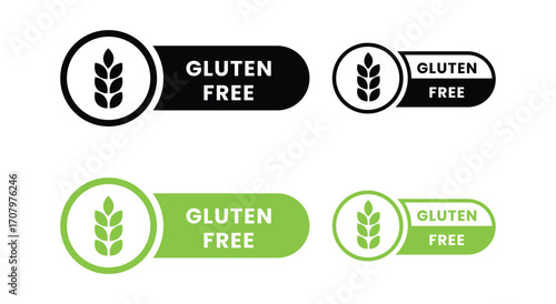 Gluten free Label Set. Gluten free icon set. Gluten free sign, logo, badge, icon, sticker, label, emblem, stamp, symbol, black, line, flat vector, isolated illustration