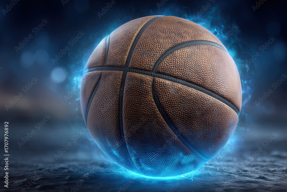 Fototapeta premium Powerful Basketball Blue Electric Energy Glow Dark Abstract Dynamic Sport Game Concept