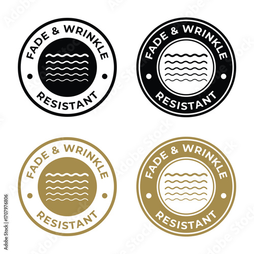 Fade and wrinkle resistance Label Set.  Fade and wrinkle resistance icon set. Fade and wrinkle resistance sign, logo, badge, icon, sticker, label, emblem, stamp, symbol, black, line, flat vector