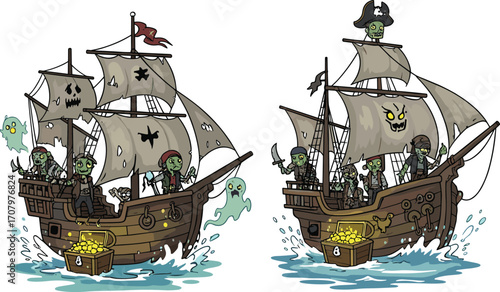 Two zombie pirate ships sailing on ocean water with ghost spirits, undead crews, torn sails, treasure chests, spooky adventure illustration