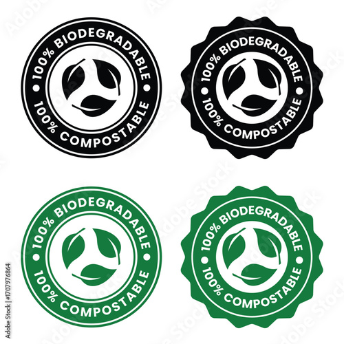 100% BIODEGRADABLE & COMPOSTABLE Label Set.  Non Toxic icon set.  Non Toxic sign, logo, badge, icon, sticker, label, emblem, stamp, symbol, black, line, flat vector, isolated illustration