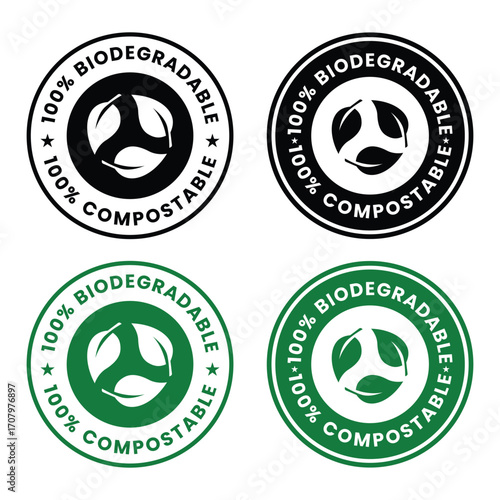 100% BIODEGRADABLE & COMPOSTABLE Label Set.  Non Toxic icon set.  Non Toxic sign, logo, badge, icon, sticker, label, emblem, stamp, symbol, black, line, flat vector, isolated illustration