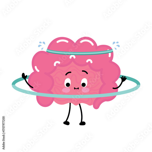 Intestine character playing with a hula hoop; energetic and playful exercise concept.