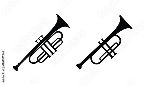 Two stylized black silhouette illustrations of trumpets facing in opposite directions on a clean white background representing music and performance