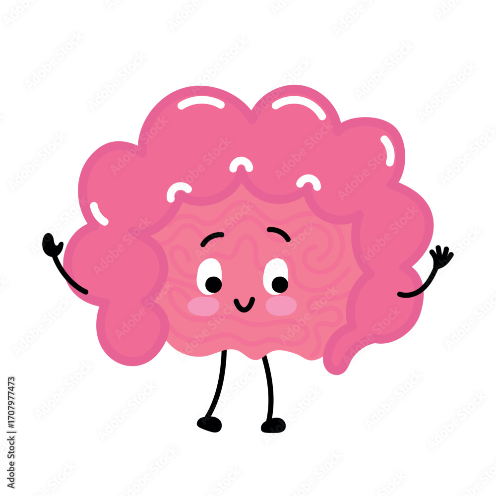 Obraz premium Friendly pink intestine character waving. Kid-friendly medical/education artwork for health, nutrition, and wellness uses.