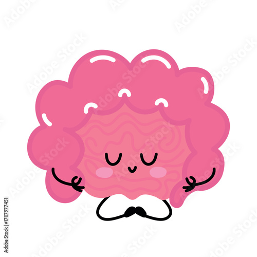 Pink intestine sitting calmly with eyes closed and hands together. A soothing, mindful health character.