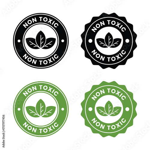 Set of four circular and starburst style grunge stamps featuring a stylized leaf icon and the text non toxic in black and green colors