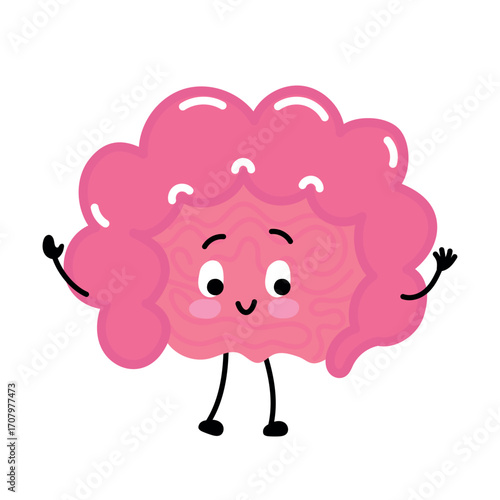 Friendly pink intestine character waving. Kid-friendly medical/education artwork for health, nutrition, and wellness uses.