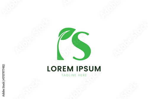 Minimalist green ps logo with leaf element clean design for branding and identity