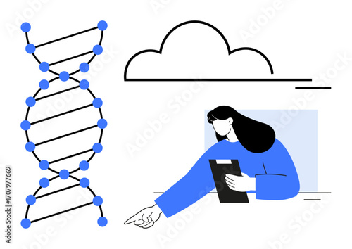 Scientist holding clipboard pointing towards data alongside a DNA helix and cloud symbol. Ideal for biotechnology, research, genetics, data analysis, cloud computing, innovation, simple landing page