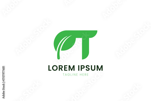 Minimalist green leaf pt logo design symbolizing nature and technology on a clean surface