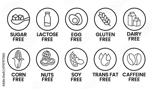 Set allergen free icons. Allergen free label products. Free lactose, gluten, sugar, corn, egg, trans fat, dairy, soy, nuts, caffeine, symbol, logo, badge, black, vector, isolated on white background. 