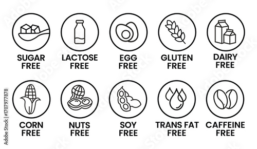 Set allergen free icons. Allergen free label products. Free lactose, gluten, sugar, corn, egg, trans fat, dairy, soy, nuts, caffeine, symbol, logo, badge, black, vector, isolated on white background. 