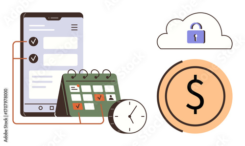 Phone with checklist, calendar with marked dates, clock, currency symbol, and secure cloud. Ideal for time management, financial planning, workflow deadlines security budgeting efficiency. Simple