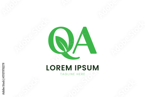 Minimalist green qa logo with leaf element and lorem ipsum placeholder text