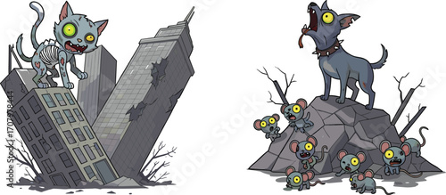 Zombie cat on broken buildings, zombie dog howling with mice, post-apocalyptic horror cartoon animal scene, Halloween undead creature illustration