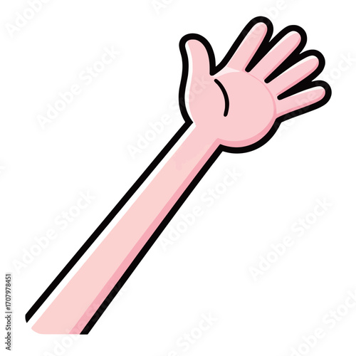 Isolated cartoon illustration of a single hand and arm waving, symbolizing a friendly greeting or hello.